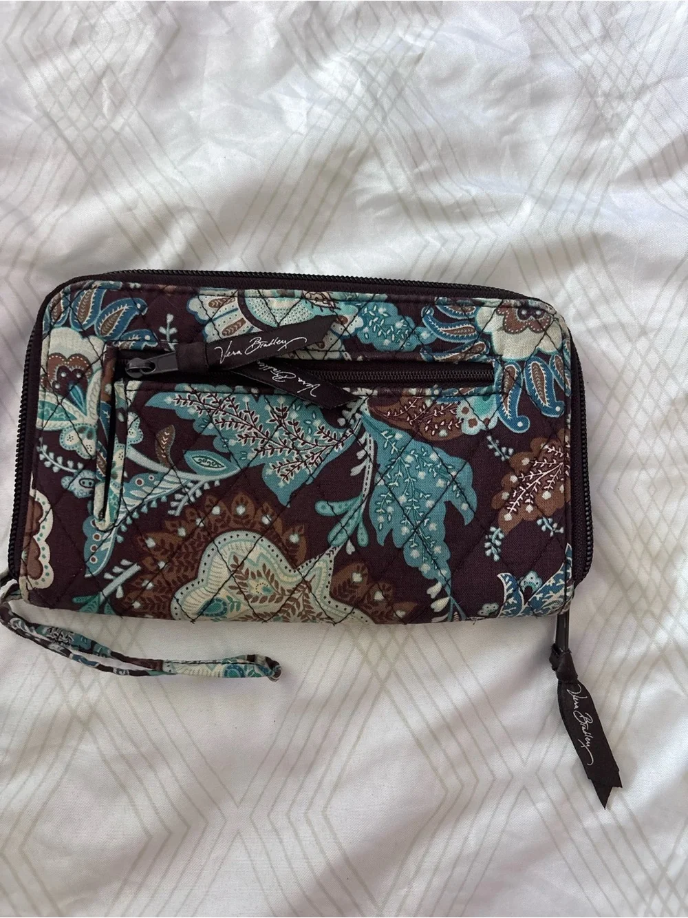 Vera Bradley Brown & Teal Floral Quilted Wristlet Wallet - Picture 2 of 3